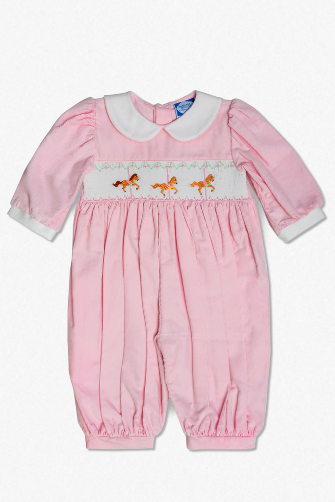 Wholesale Pink Long Sleeve Baby Girl Romper with Smocked Horses
