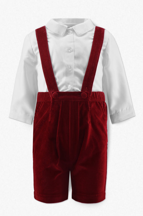 30003-Red Velvet Baby Boy Suspender Shorts Set