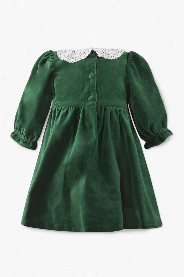 30006-Green Velvet Baby Girl Long Sleeve Dress
