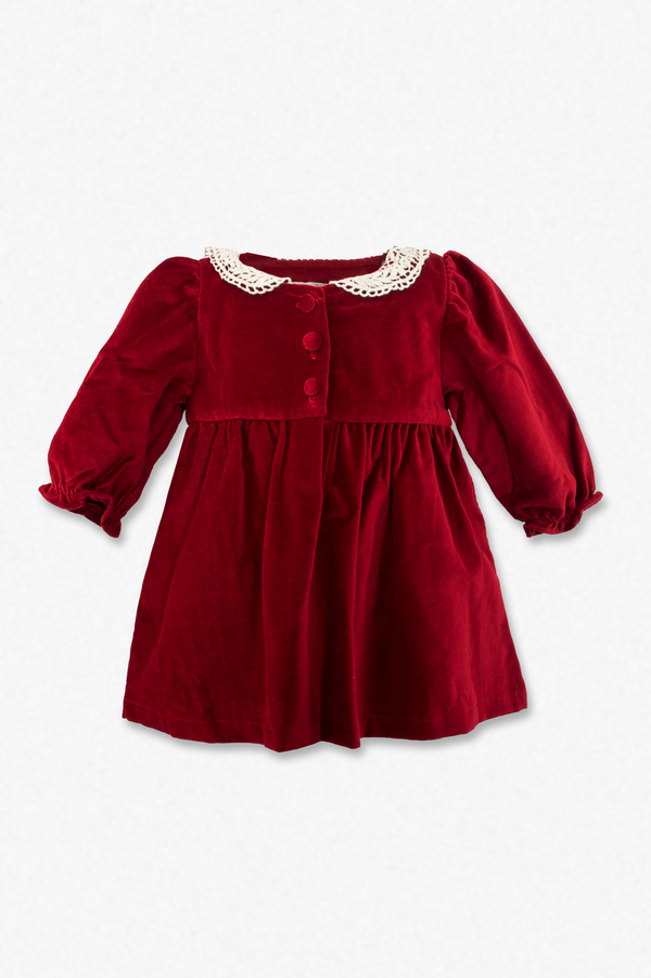 30007-Red Velvet Baby Girl Long Sleeve Dress