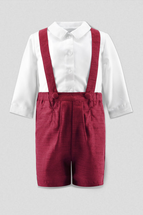 30009-Silk Red Baby Boy Suspender Shorts Set