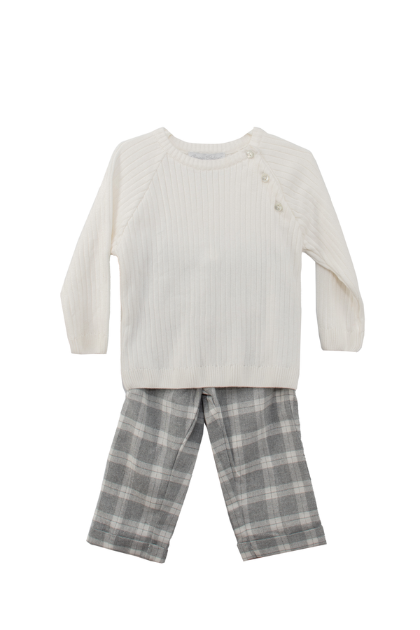 30028-White & Gray Heathered Plaid Baby Boy Pant Set