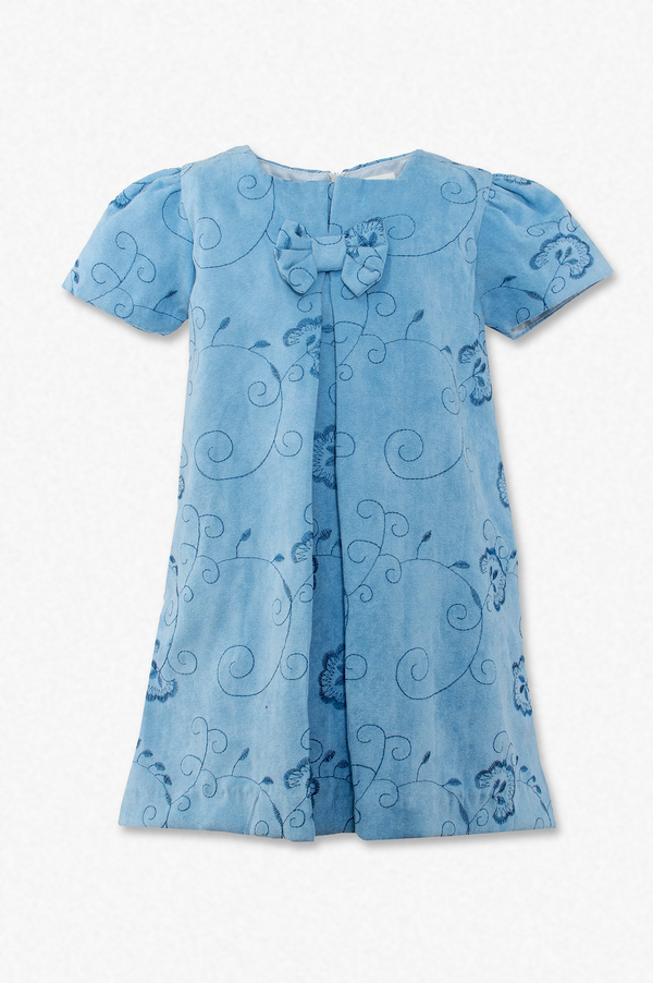30032T-Blue Suede Pattern Short Sleeve Toddler & Youth Girl Dress