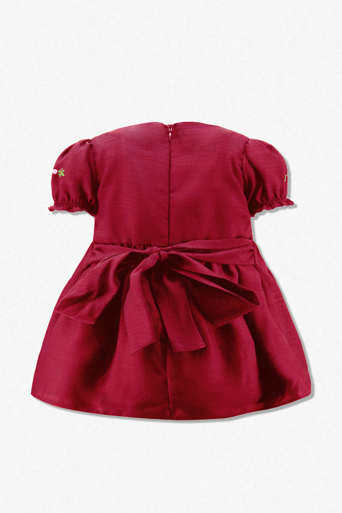 Wholesale Red Floral Smocked Silk Baby Girl Short Sleeve Dress