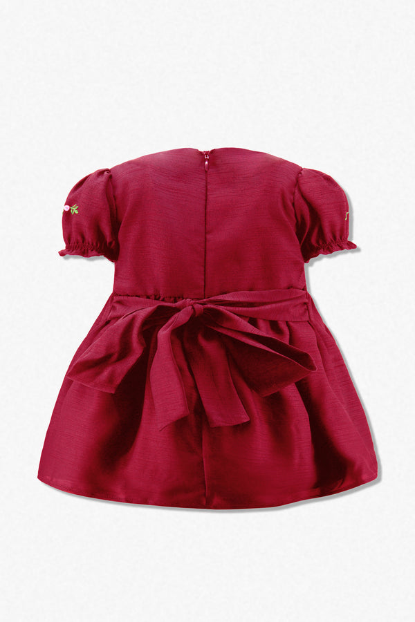 30048-Red Floral Smocked Silk Baby Girl Short Sleeve Dress