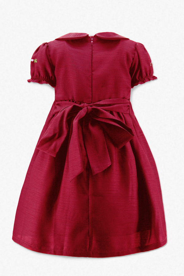 30048T-Smocked Red Silk Toddler Girl Short Sleeve Dress