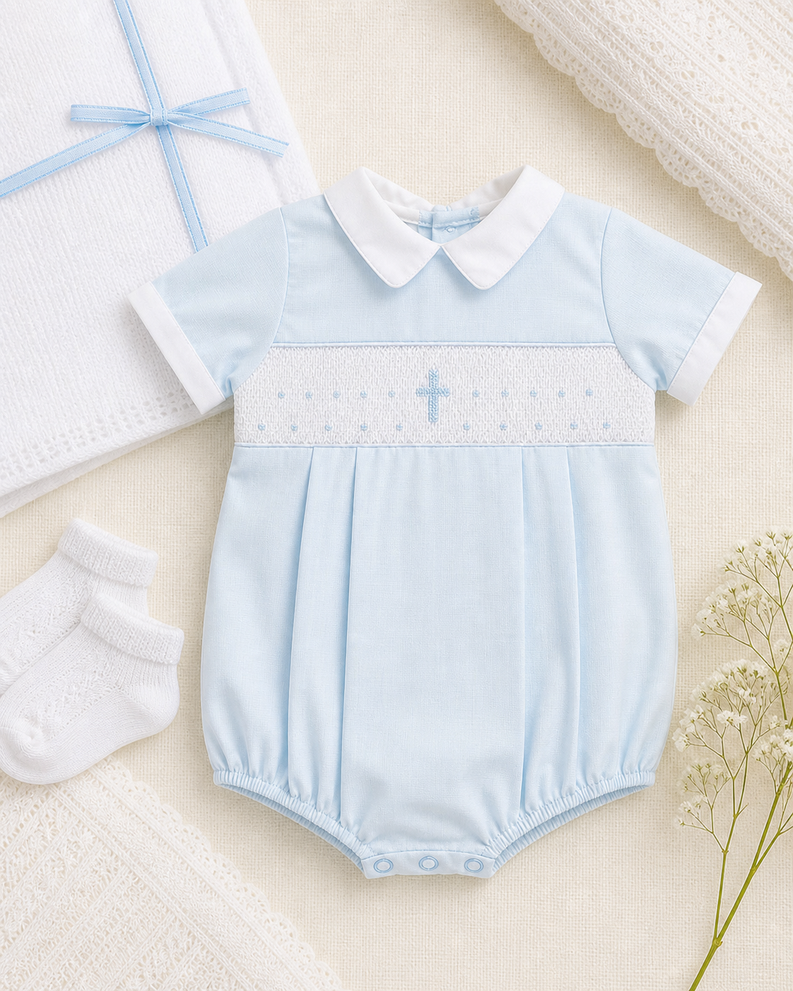 Light blue baby romper with white collar and embroidery surface.