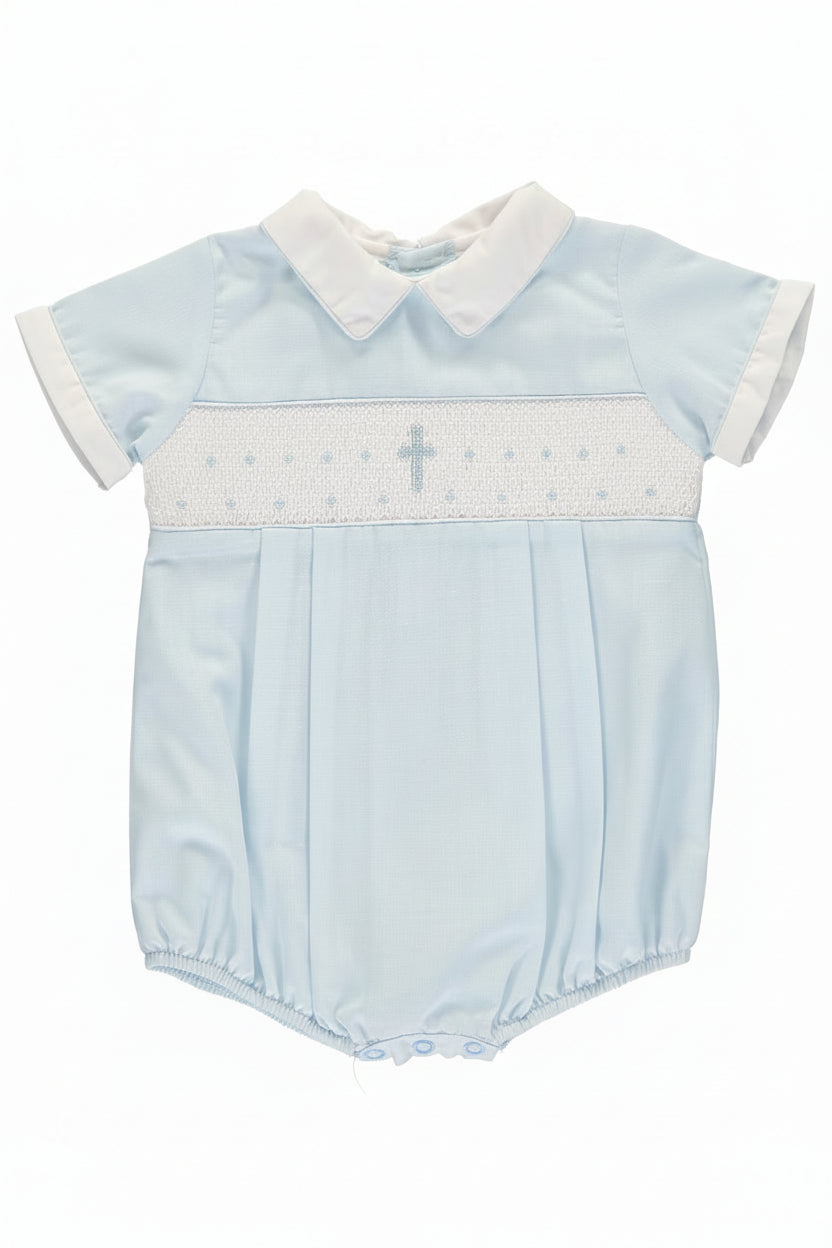 Light blue baby romper with white collar and embroidered cross on a white background
