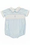 Light blue baby romper with white collar and embroidered cross on a white background
