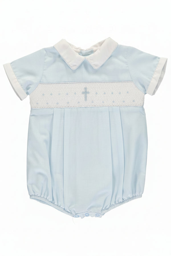 Light blue baby romper with white collar and embroidered cross on a white background