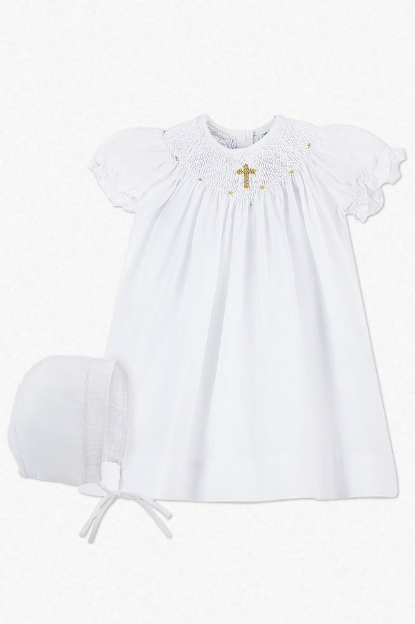 Baby Girls Christening & Baptism Smocked Gold Cross Bishop Dress with Bonnet