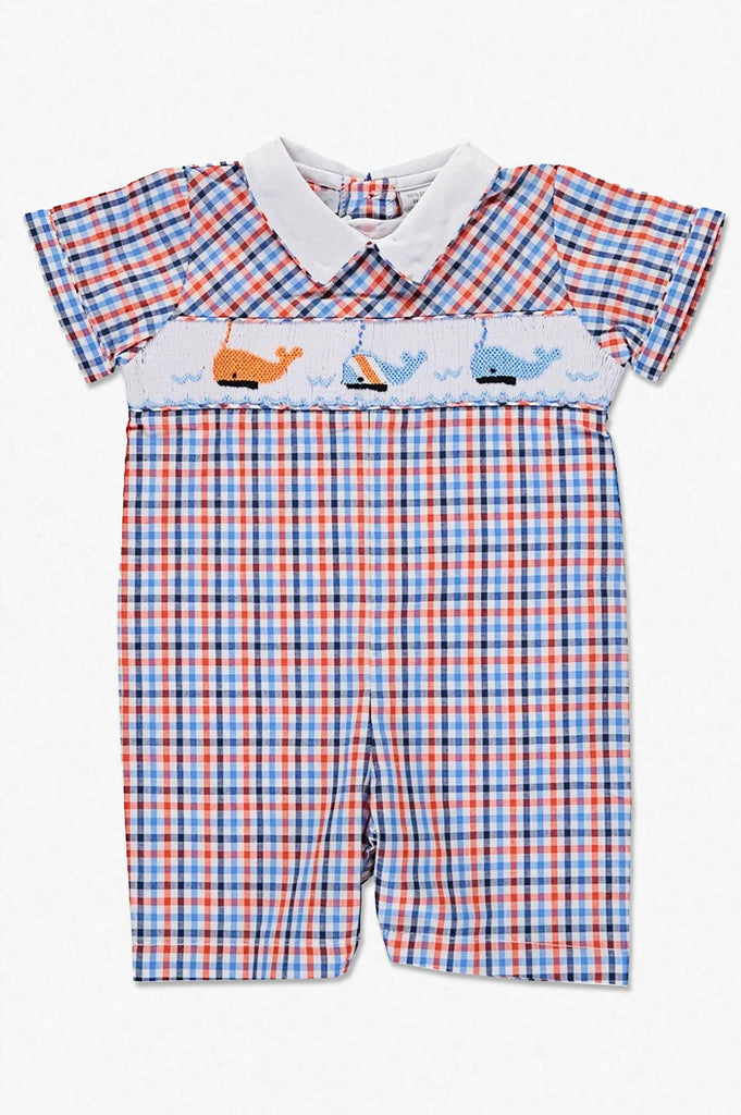 Wholesale Plaid Shortall w/ Smocked Whales Baby Boy Romper