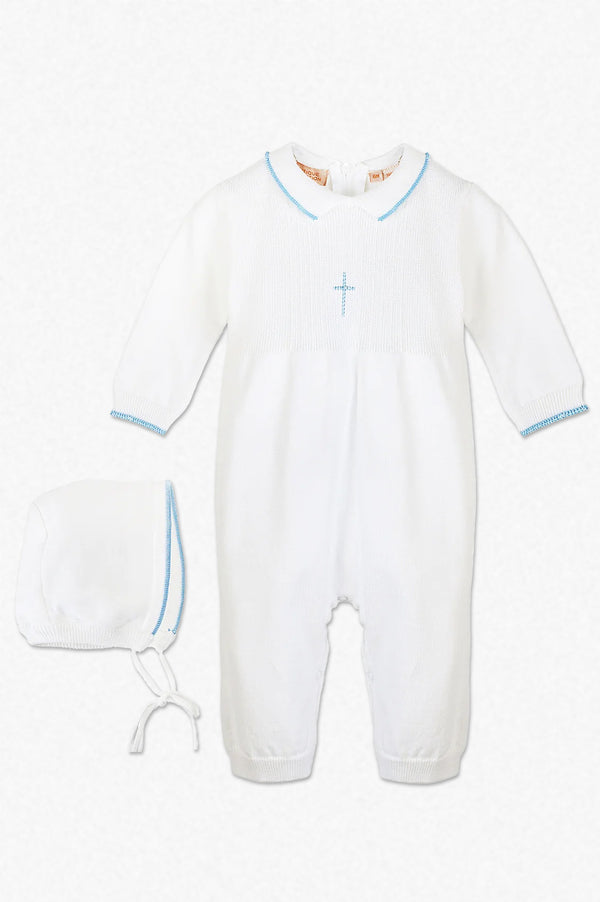 Knit Pearl Blue  Baby Boy Baptism Outfit With Bonnet