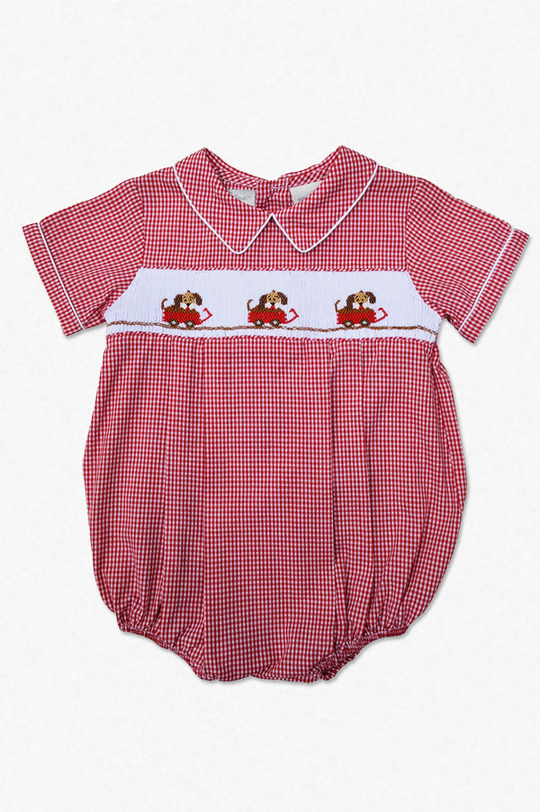 Hand Smocked Red Dogs Baby Boy Bubble Romper