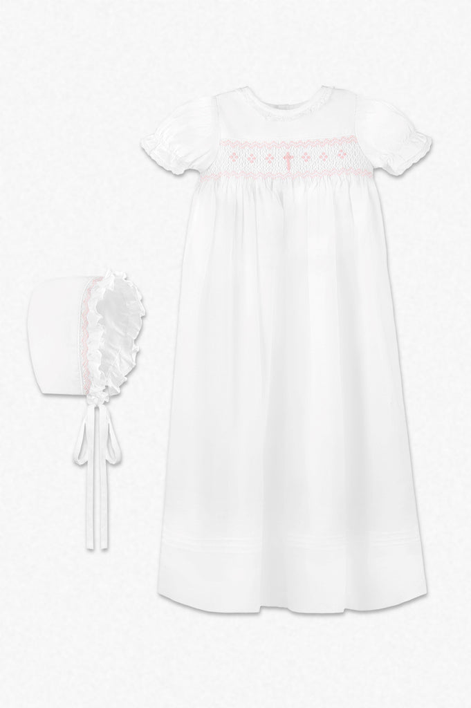 Long Bullion Cross Baby Girl Christening Gown with Bonnet