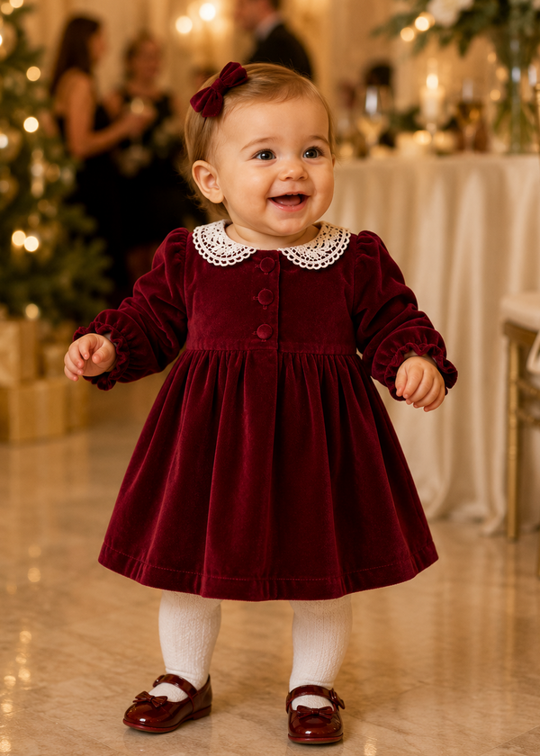 30007-Red Velvet Baby Girl Long Sleeve Dress