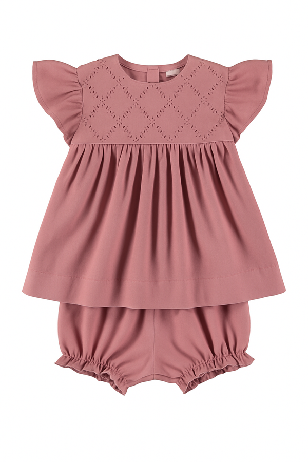 80038-Sophisticated Suede Smocked Short Sleeves Yoke Baby Mauve Dress