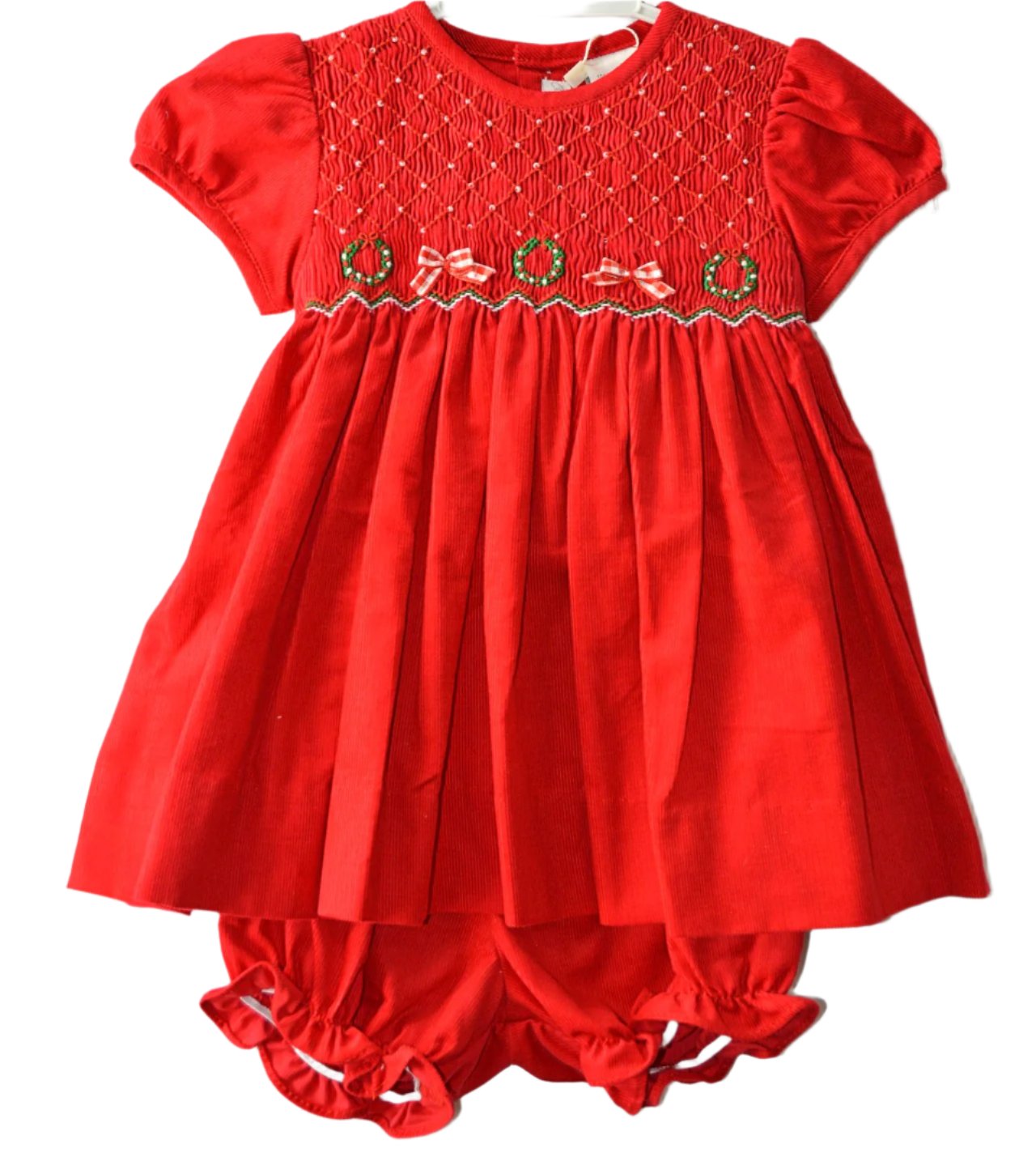 Wholesale Red Smocked Corduroy Baby Girl Short Sleeve Dress with Panty