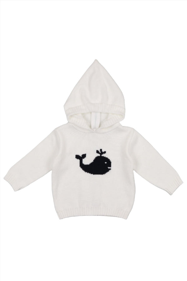 Wholesale Smocked Whale Hooded Zip Back White Baby Boy Sweater