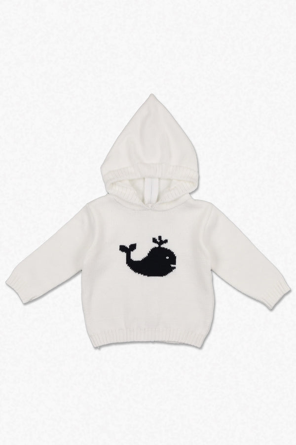 20084-Smocked Whale Hooded Zip Back White Baby Boy Sweater