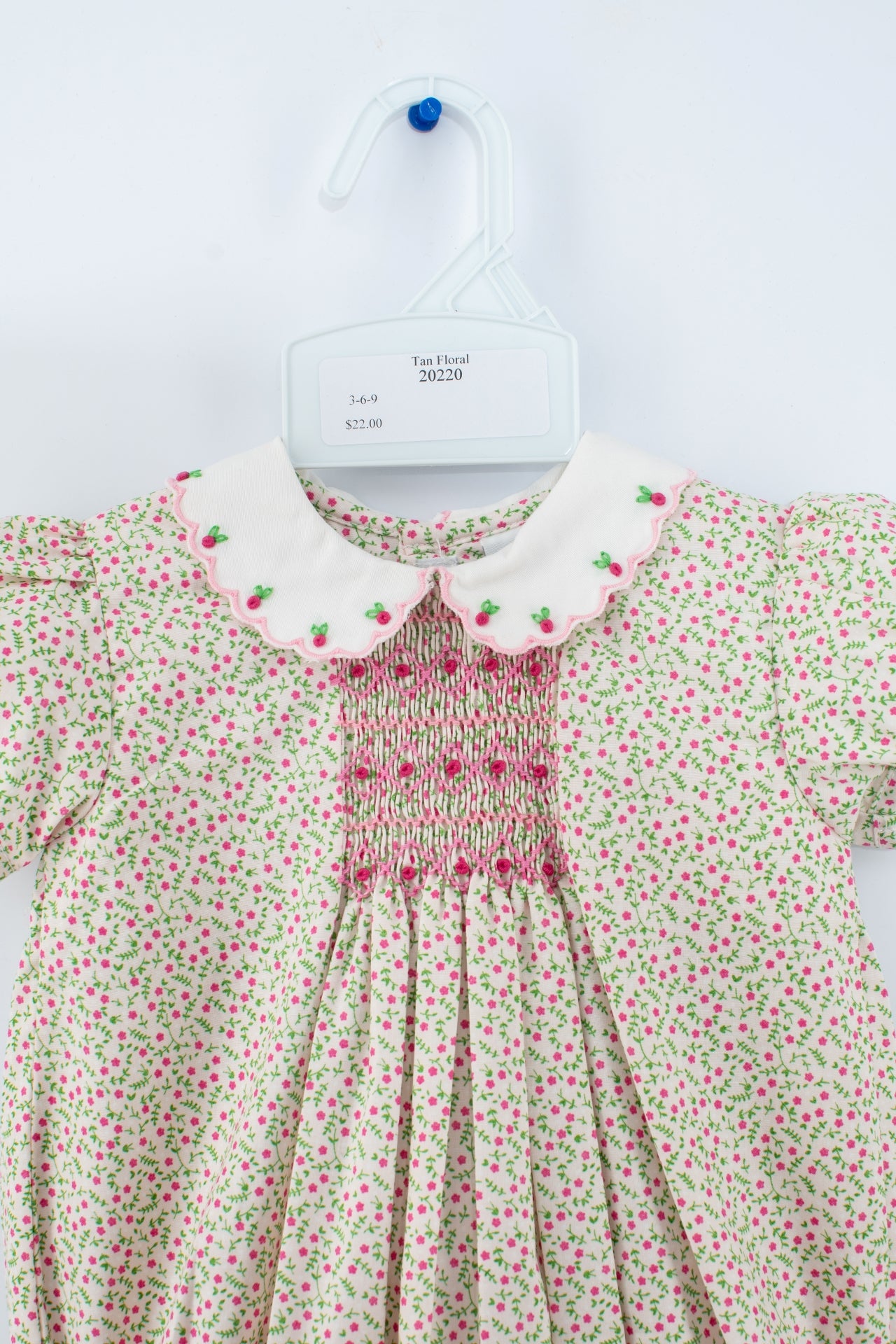 20220-Tan Floral Smocked Baby Girl Bubble Romper 3