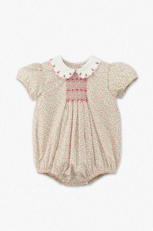 20220-Tan Floral Smocked Baby Girl Bubble Romper
