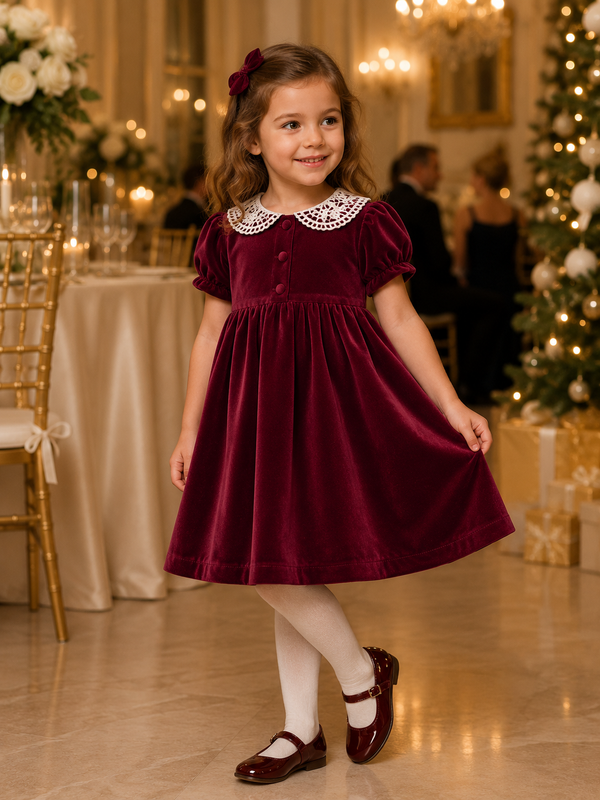 30007T-Red Velvet Girl Short Sleeve Toddler & Youth Dress