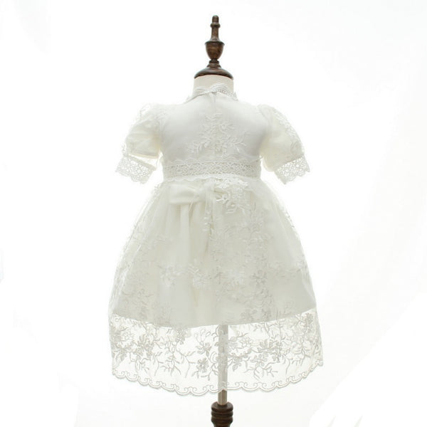 2 pc Short Sleeve Christening Dress with Lace Overlay