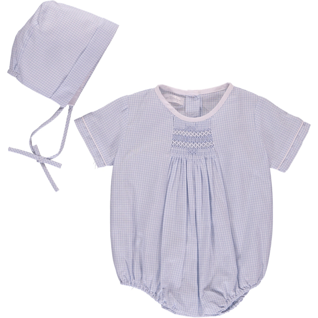 Blue Gingham Hand Smocked Baby Boy Bubble Romper 