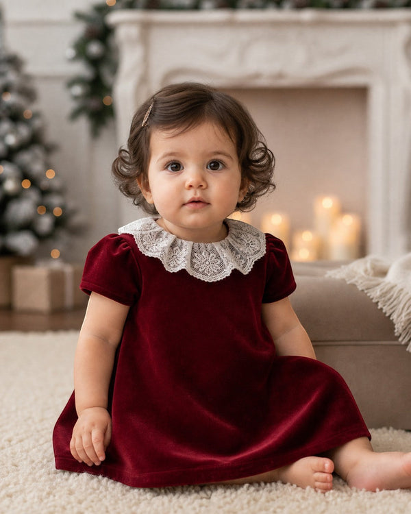 20388 Classic Velvet Dress with Lace Collar Red