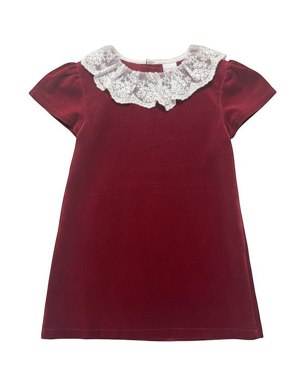20388 Classic Velvet Dress with Lace Collar Red