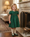 30046T-Floral Smocked Green Silk Short Sleeve Toddler Dress