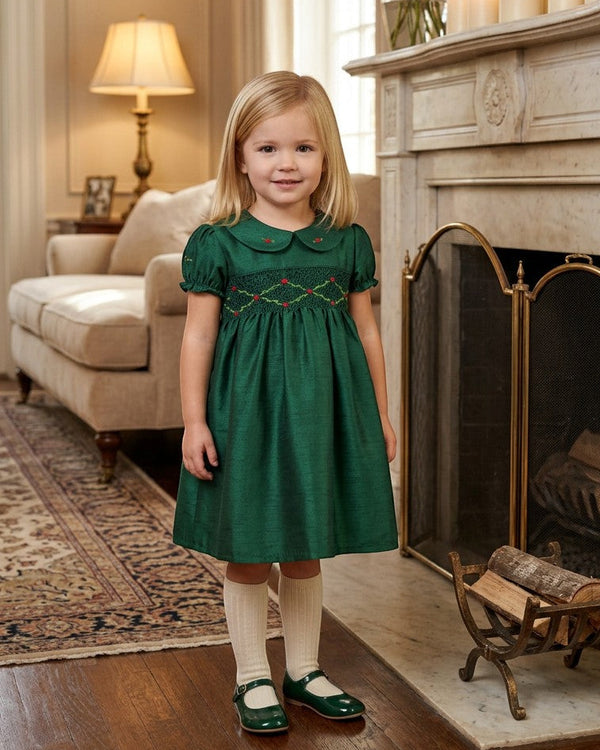 30046T-Floral Smocked Green Silk Short Sleeve Toddler Dress