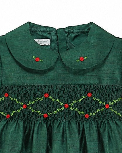 30046T-Floral Smocked Green Silk Short Sleeve Toddler Dress