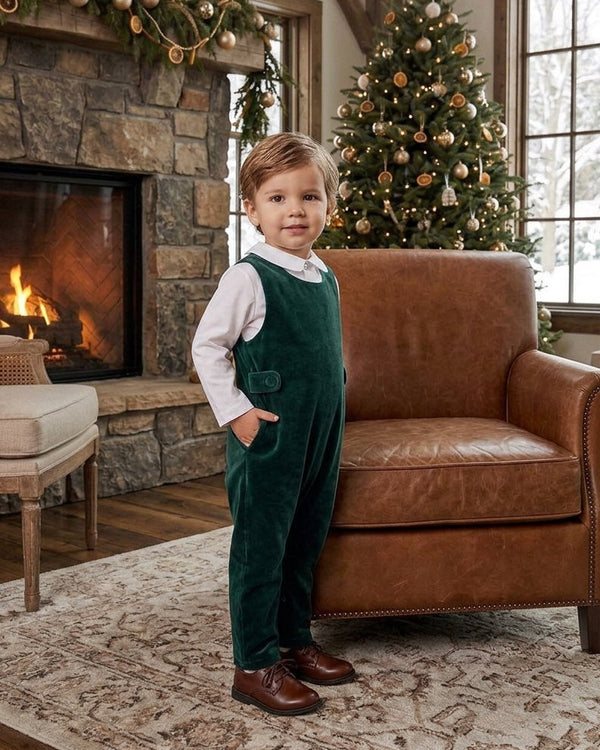 30000-Green Velvet Baby Boy Long Romper and Shirt set