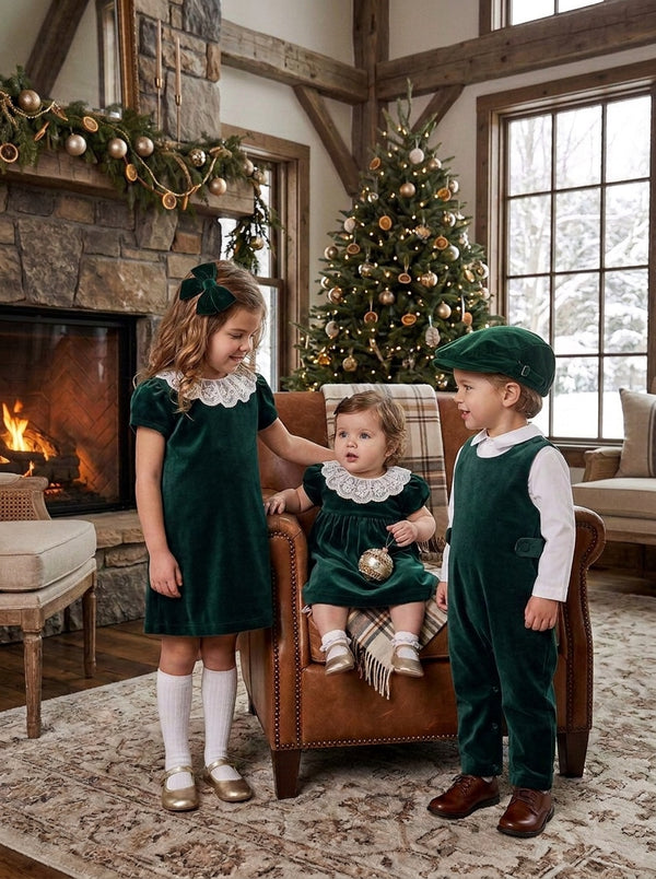 30000-Green Velvet Baby Boy Long Romper and Shirt set