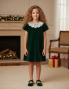 20391T Classic Toddler Velvet Dress with Lace Collar Green