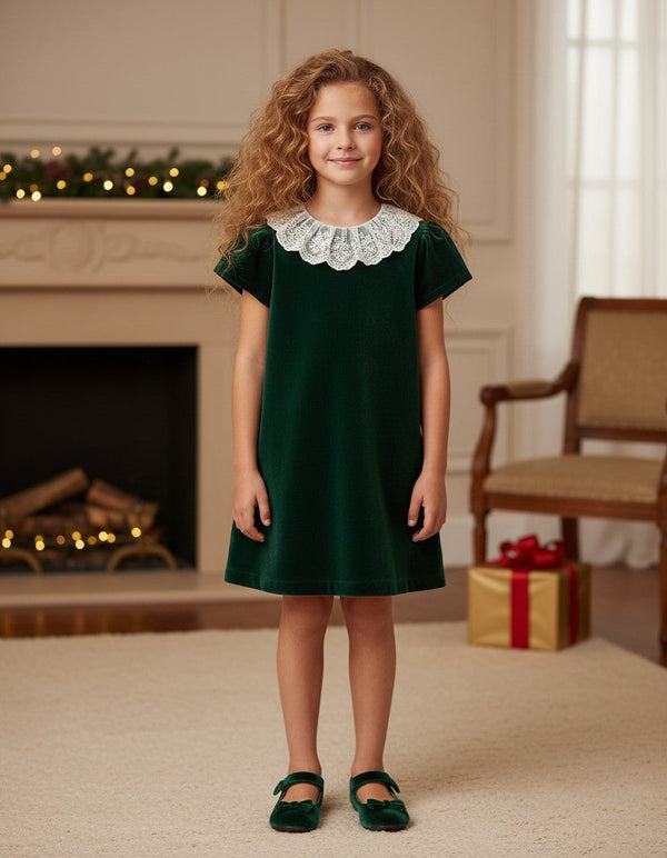 20391T Classic Toddler Velvet Dress with Lace Collar Green