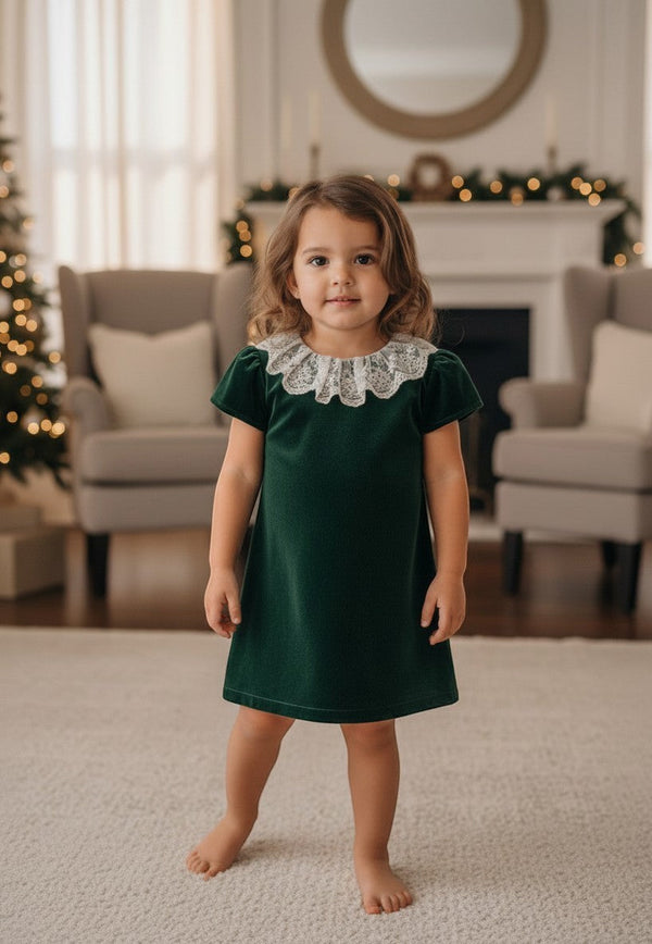 20390 Classic Velvet Dress with Lace Collar Green