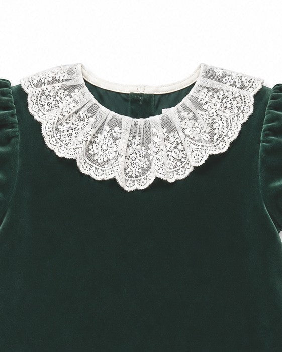 20391T Classic Toddler Velvet Dress with Lace Collar Green