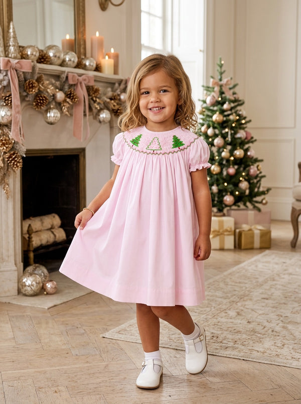 20243T-Smocked Christmas Trees Bishop Toddler Girl Dress
