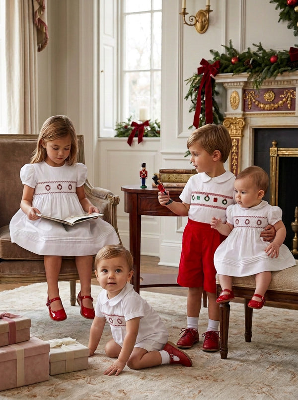 20232-Smocked Christmas Decor Red Corduroy Boy Bobby Suit