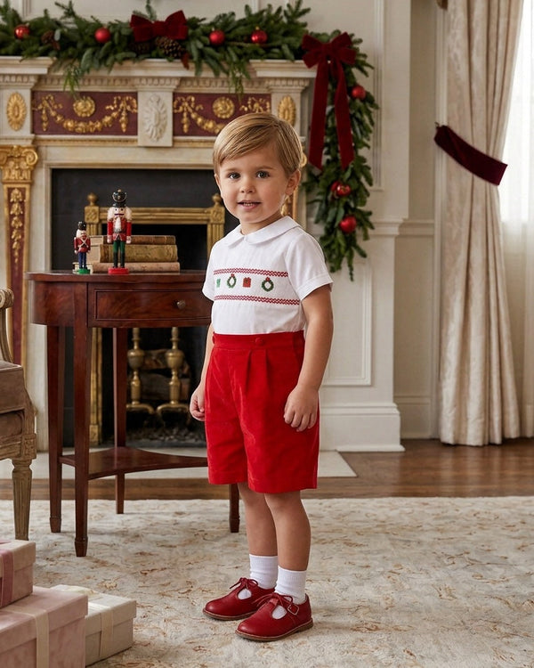 20232-Smocked Christmas Decor Red Corduroy Boy Bobby Suit