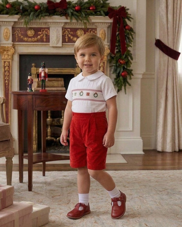 20232-Smocked Christmas Decor Red Corduroy Boy Bobby Suit