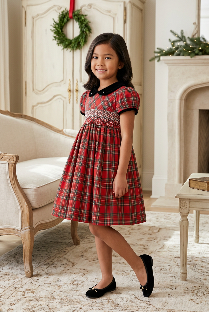 80069T - Toddler Girls Plaid Party Short Sleeve Yoke Dress