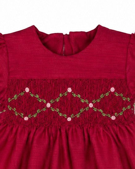 30048T-Floral Smocked Silk Red Short Sleeve Toddler Girl Dress