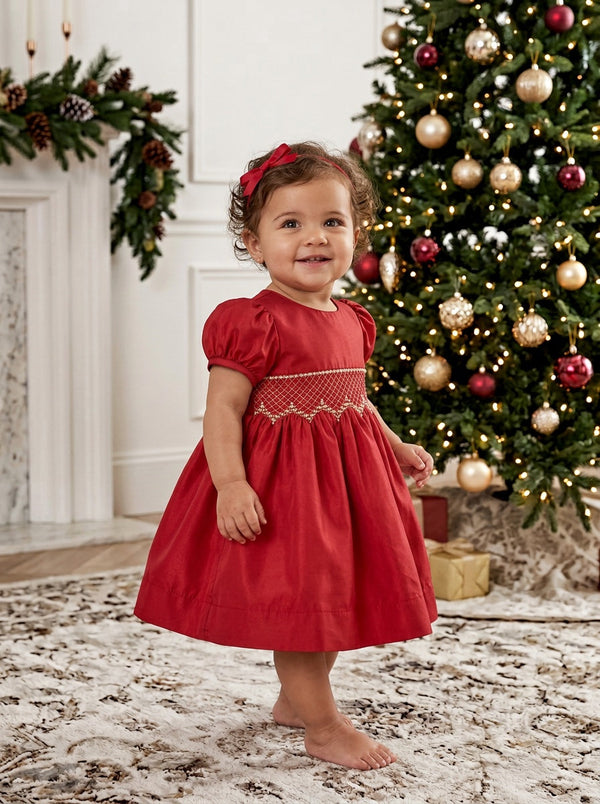 80095 Baby Girl Elegant Taffeta Red Short Sleeve Dress