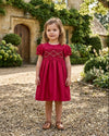 30048T-Floral Smocked Silk Red Short Sleeve Toddler Girl Dress