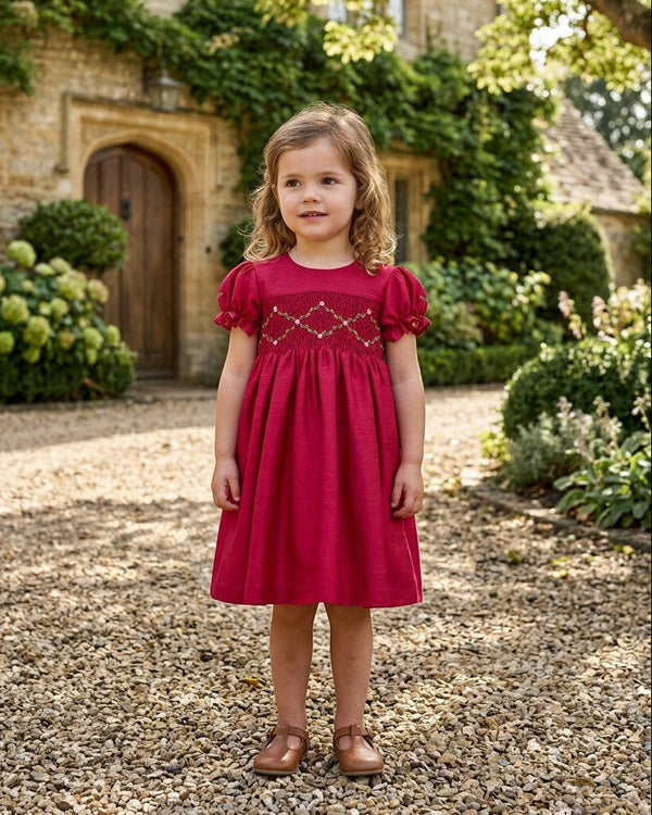 30048T-Floral Smocked Silk Red Short Sleeve Toddler Girl Dress