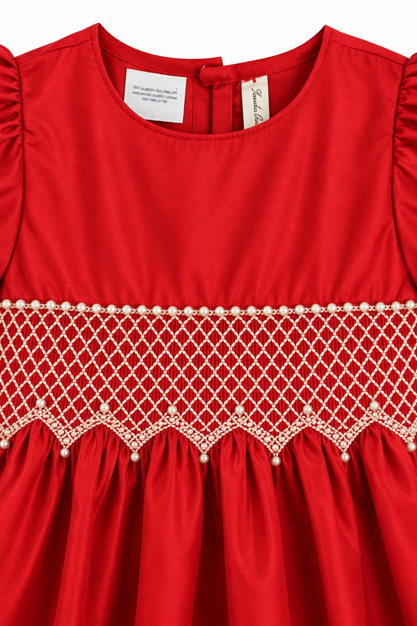 80095T Toddler Girl Elegant Taffeta Red Short Sleeve Dress